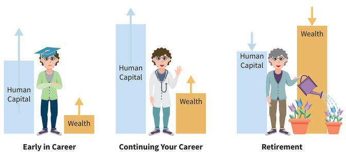 an infographic showing a woman’s human capital and wealth growing during her career, but shrinking during her retirement