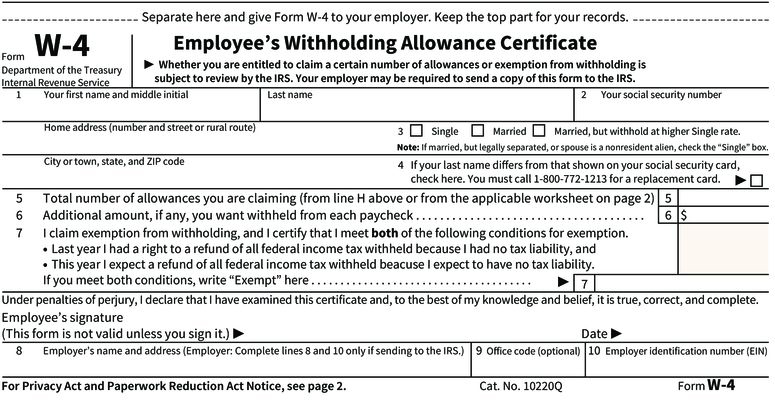 an infographic showing the IRS W-4 form; includes personal information, a withholdings worksheet, and a signature section