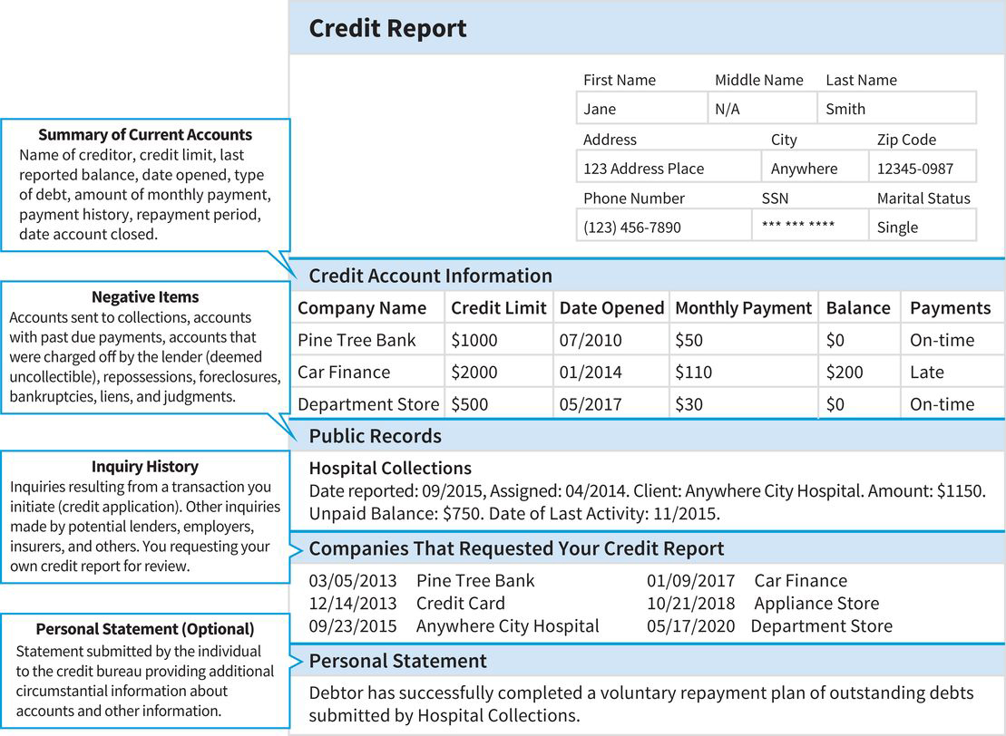 a sample credit report with five primary sections: applicant information, summary of current credit accounts, negative items showing past defaults, your inquiry history, and personal statements from the applicant about special situations