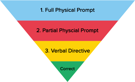 Most-to-least prompting; 1. Full Physical Prompt, 2. Partial Physical Prompt, 3. Verbal Directive, Correct