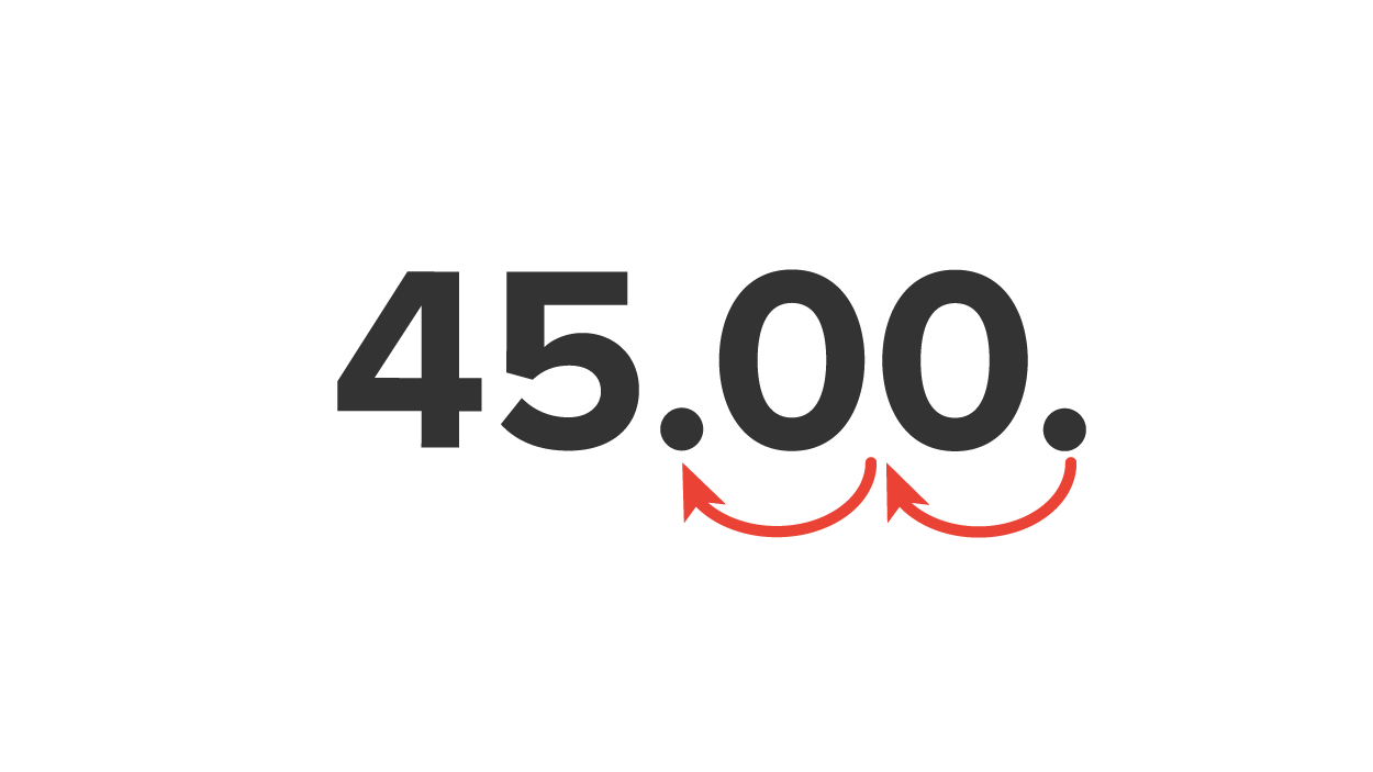 The number 45.00 with a decimal point, followed by two curved arrows pointing from right to left, indicating the movement of the decimal point from the right of the second 0 to the right of 5.