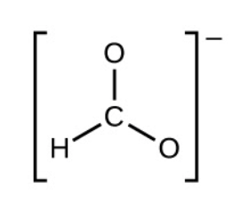Inside a bracket is shown the skeletal structure of  the CHO2- ion, which has a central carbon atom surrounded by two oxygen atoms and a hydrogen atom. There is a negative charge outside the brackets.
