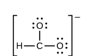 Inside a bracket is shown the Lewis structure for the CHO2- ion, which has a central carbon atom surrounded by two oxygen atoms (with three unshared lone pairs) and a hydrogen atom. There is a negative charge outside the brackets.