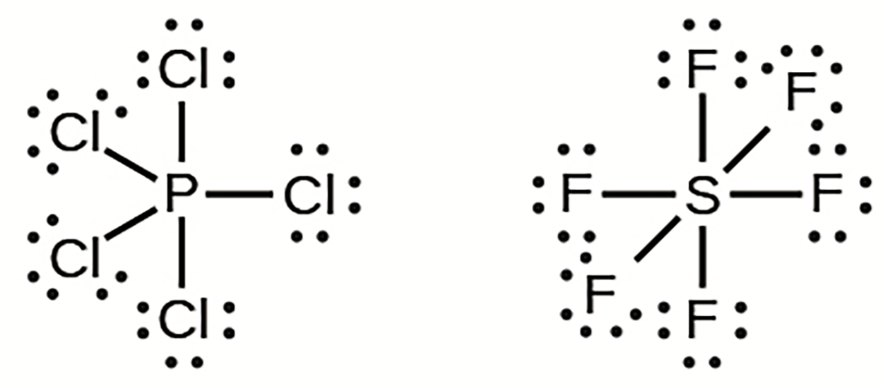 A phosphorus pentachloride molecule, PCl5 is shown with a central phosphorus atom with single bonds to five chlorine atoms (each has three unshared lone pairs). A sulfur hexafluoride molecule, SF6 is shown with a central sulfur atom with single bonds to six fluorine atoms. The fluorine atoms each have three unshared lone pairs.
