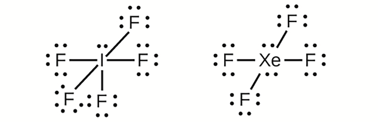 An iodine pentafluoride molecule, IF5 is shown with a central iodine atom with single bonds to five fluorine atoms (each has three unshared lone pairs). A xenon tetrafluoride molecule, XeF4 is shown with a central xenon atom with single bonds to four fluorine atoms. The fluorine atoms each have three unshared lone pairs.