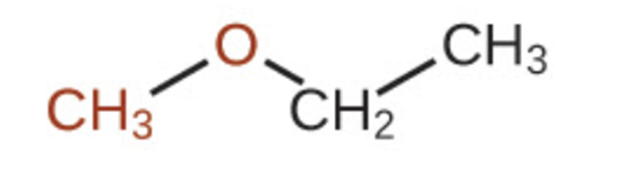 A molecular structure is shown with a red C H subscript 3 group bonded up and to the right to a red O atom. The O atom is bonded down and to the right to a C H subscript 2 group. The C H subscript 2 group is bonded up and to the right to a C H subscript 3 group.