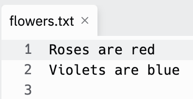 Output screen showing the updated flowers.txt file.