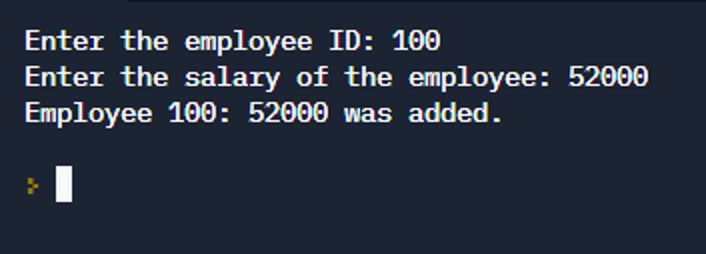 Output screen showing employee ID as 100 and salary as 52000 as the output.