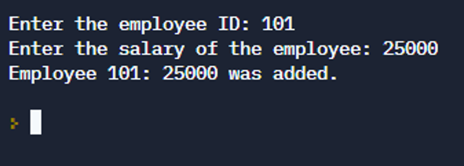Output screen showing second employee ID as 101 and salary as 25000 as the output