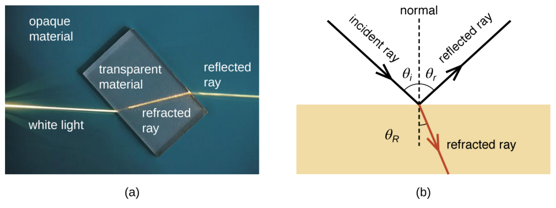 Picture a shows a light beam aimed at a piece of glass. When the light beam hits the transparent glass material it bends by approximately 45°. This bent light ray is the refracted ray. The opaque material which the glass is sitting upon does not have any light shining through it. Diagram b shows an arrow labeled incident ray pointing at a 45° angle down towards a shaded region. At the point where the incident ray reaches the shaded region, two other arrows begin. One of these arrows points at a 90° angle from the incident ray (and away from the shaded region) and is the reflected ray. The second arrow continues through the shaded region but at a slightly bent angle from the incident ray. This second arrow is the reflected ray.