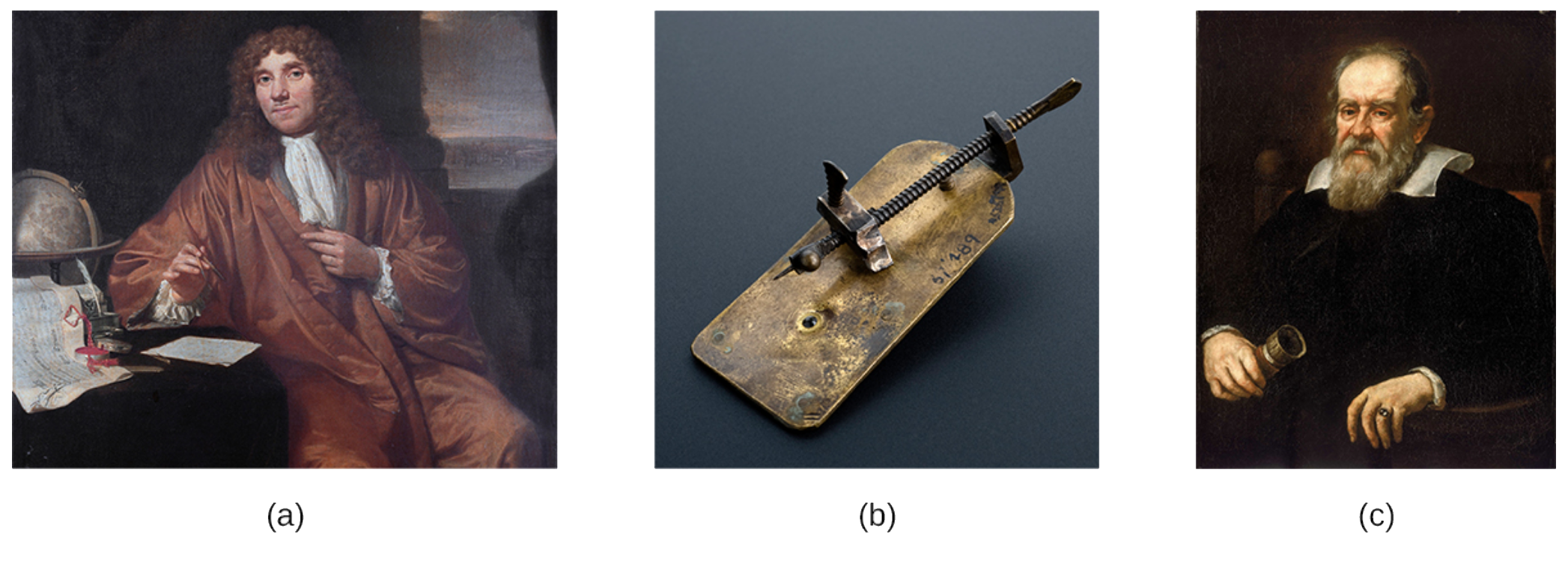 A drawing showing Antonie van Leeuwenhoek sitting with one arm on a table covered with papers. The middle photo shows a small metal plate with a long screw attached along its length. The tip of the screw is a fine point that sits just in front of an opening on the plate. The third photo is a portrait of Galileo Galilei. It shows a seated bearded man.