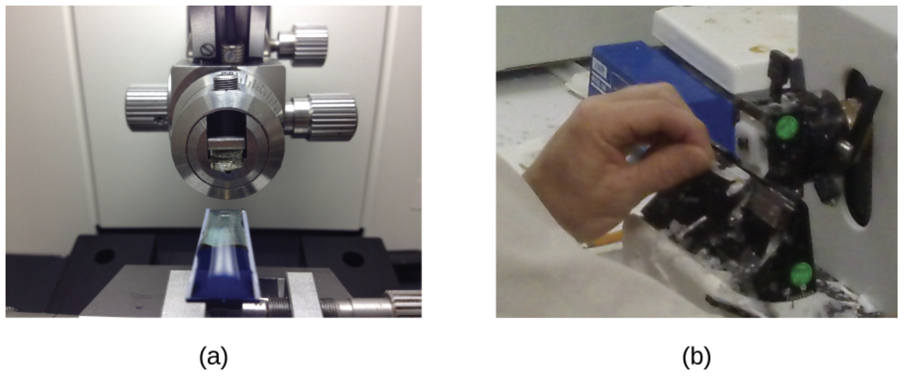 Photograph (A) shows a blue solid specimen sitting below a mechanical dial. Photograph (B) shows a person holding a dial on a machine.