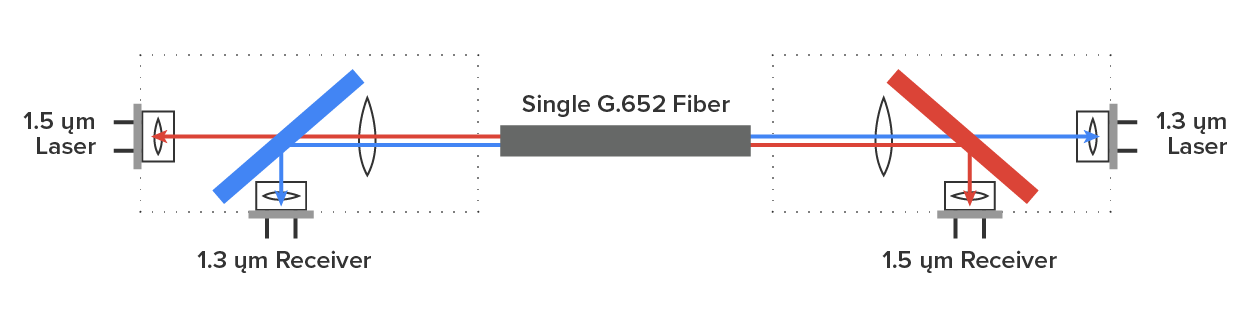 Bidirectional communication through a single G.652 optical fiber using different wavelengths. A horizontal bar labeled ‘Single G.652 Fiber’ is in the center. A 1.5-µm laser and a blue 45° dichroic filter are to the left of the fiber, and a 1.3-µm receiver is below the filter. A 1.3-µm laser and a red 45° dichroic filter are to the right of the fiber, and a 1.5-µm receiver is below the filter. The 1.5-µm laser transmits red light through a lens into the fiber, while a 1.3-µm laser transmits blue light through a lens into the fiber. The lights are represented using double-headed colored arrows. The blue filter transmits 1.5-µm red light into the fiber and reflects incoming 1.3-µm blue light into the 1.3-µm receiver. The red filter transmits the 1.3-µm light into the fiber and reflects incoming 1.5-µm light into the 1.5-µm receiver.