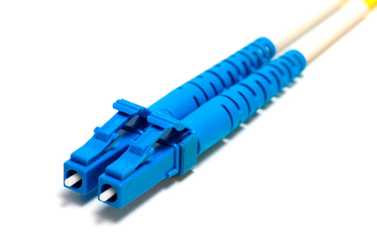 An LC connector with two rectangular blue clips with a series of ridges on top and white tips for compact latching mechanisms. Each connector has a white fiber optic cable attached to the opposite end.