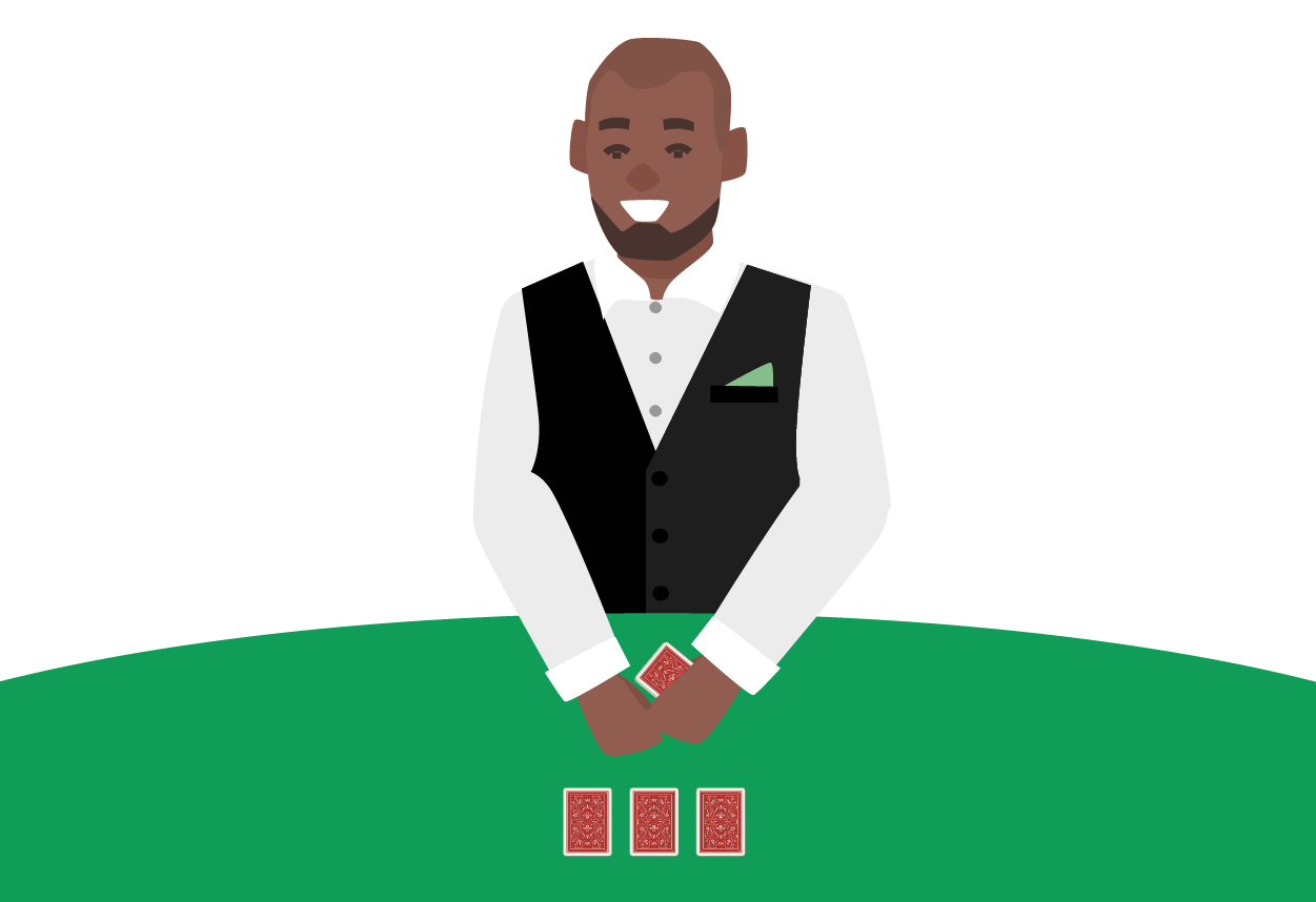 Image of someone dealing three card monte, three cards placed side by side and face down on a table.