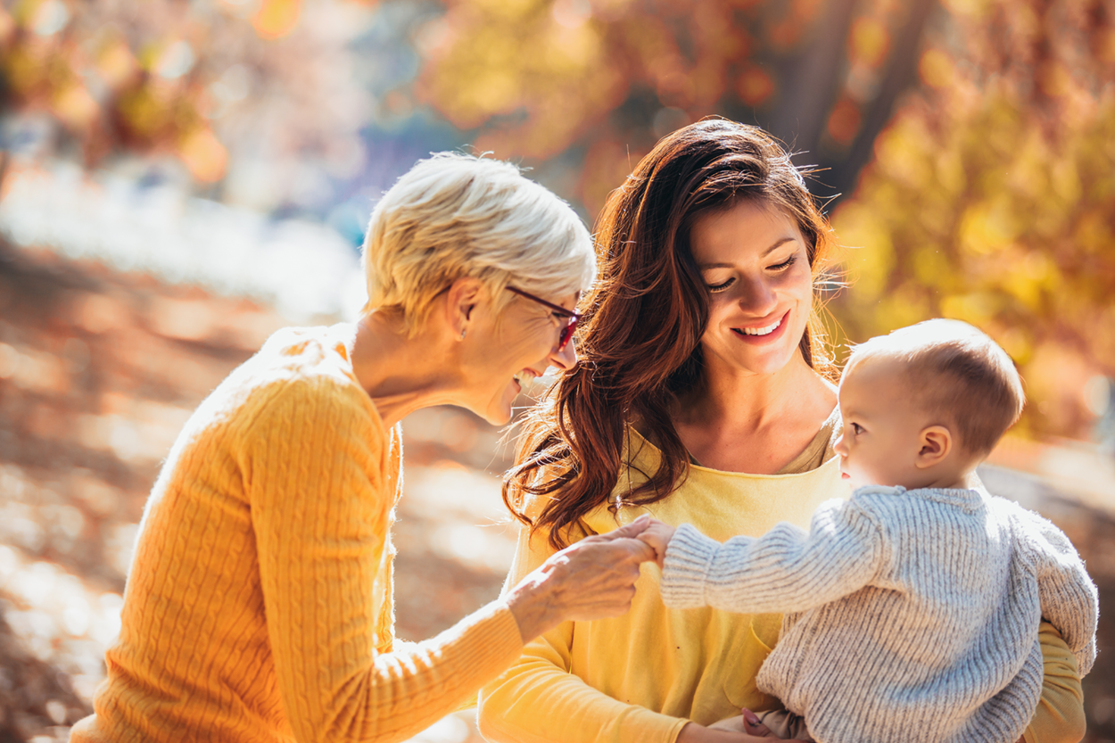 An image of three generations of a family in a picture.