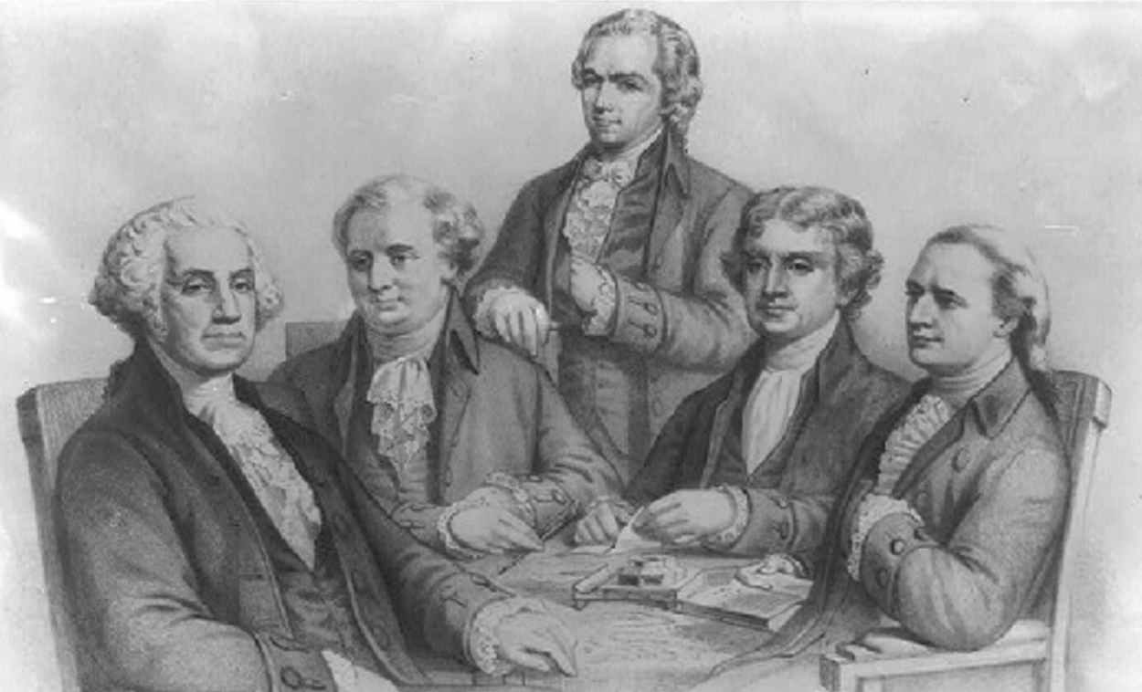 President Washington sitting at a table with four ministers.