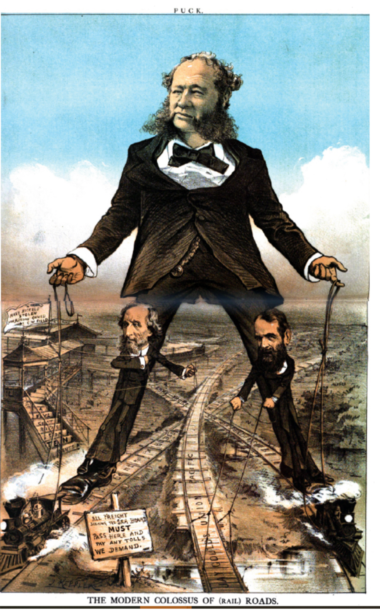 A cartoon of a giant man standing on railroad tracks holding the ropes tied to railroad cars.