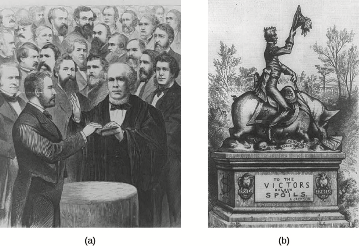 An engraving of the chief justice being sworn in and a cartoon of President Jackson riding a pig.