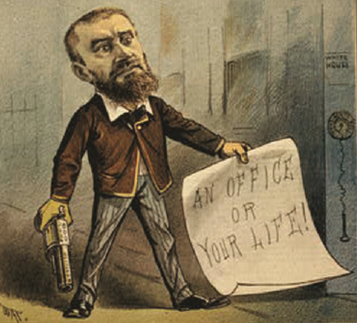 A cartoon of a man with a gun holding a sign that said: 