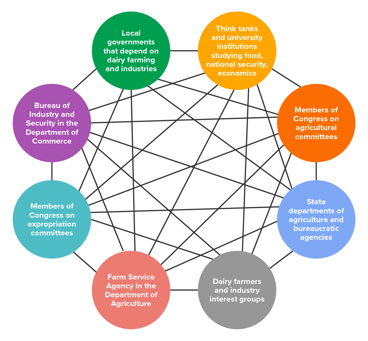 A chart showing many circles representing different government offices and officials, interest groups, and institutions all linked to each other with lines.