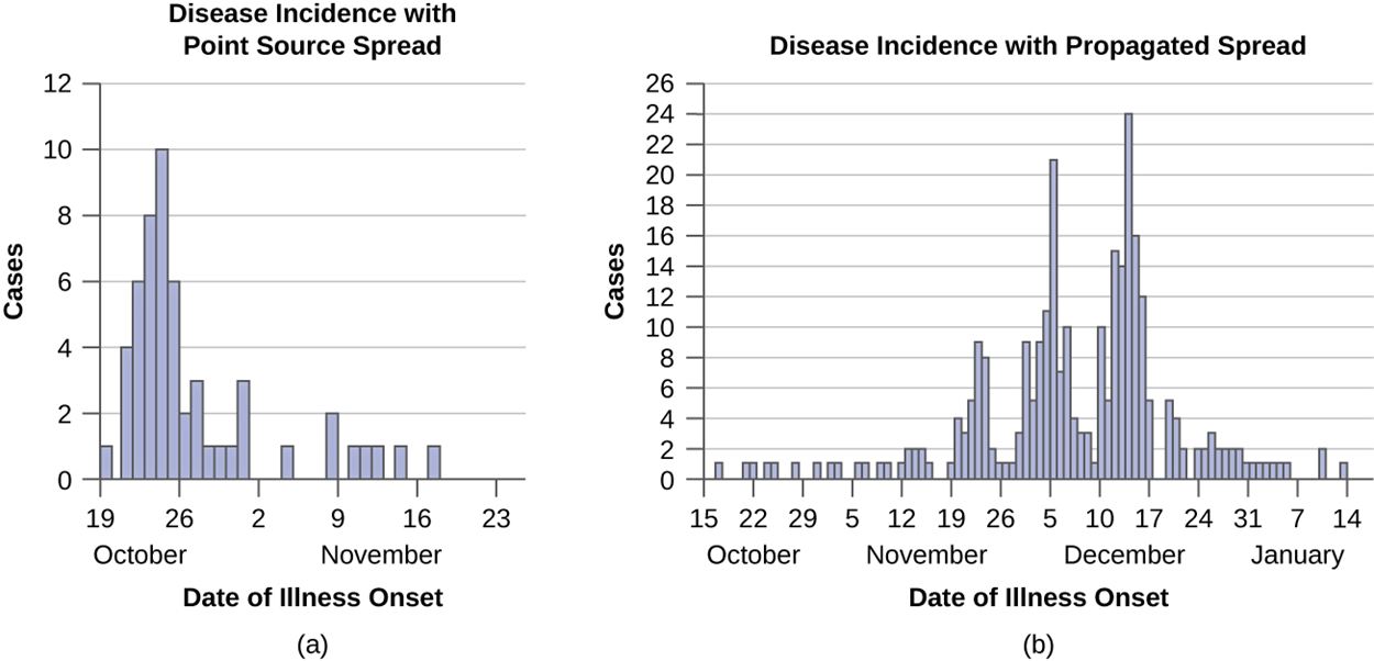 (a) Graph of Disease incidence with point source spread. X axis is months; Y axis is cases. There is a peak in October which reaches 10 but quickly drops back down to the baseline of 1-2.  (b) Disease incidence with propagated spread. X axis is months and Y axis is cases. There are three peaks. In November it reaches 10, in early December 20; in late December 24. It slowly drops back down.