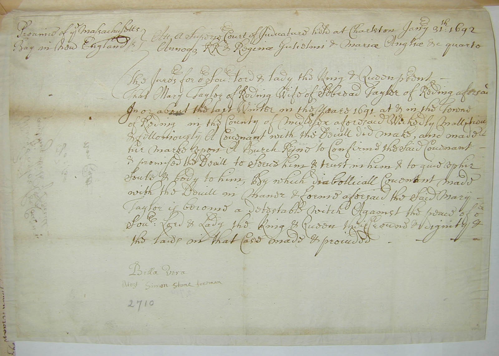 An image of the court indictment of Mary Taylor.