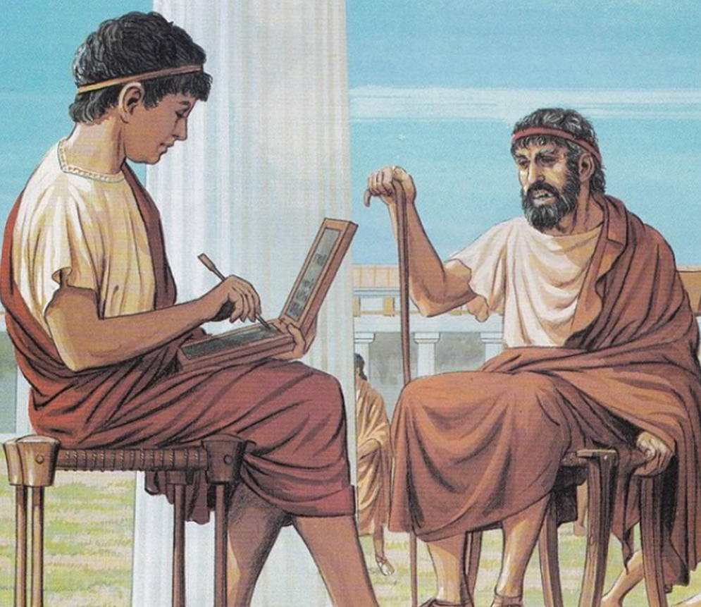 An older man tutors a boy in ancient Athens.