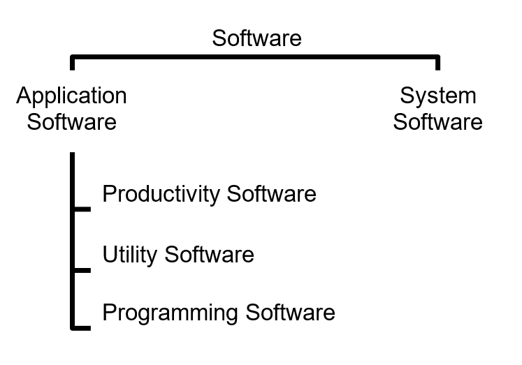 A diagram showing the word software divided into two categories, system software and application software. Application software is further divided into productivity software, utility software, and programming software.