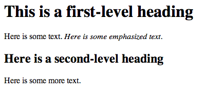 Four lines of text output generated by the previous H T M L tags. Line one appears bold and large, line two has italics for emphasis, line three is bold and medium-sized, and line four is typical Roman text without any emphasis.