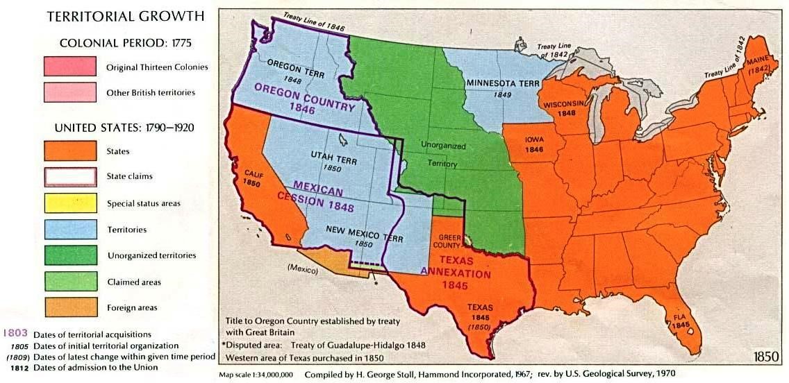 Map of U.S. territorial growth by 1850