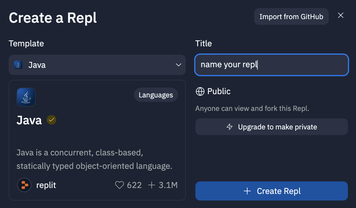 Screenshot of the create a repl window.