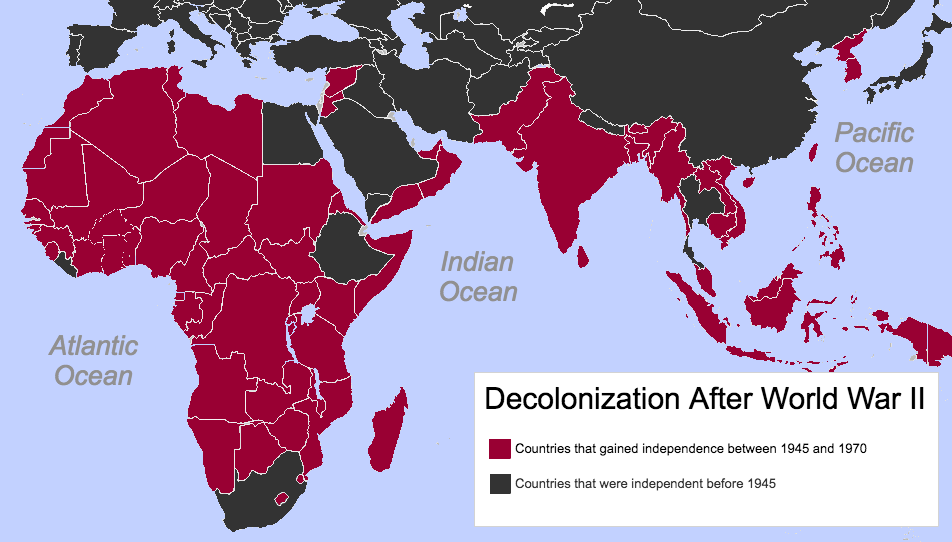 A map of Africa and Asia during decolonization.