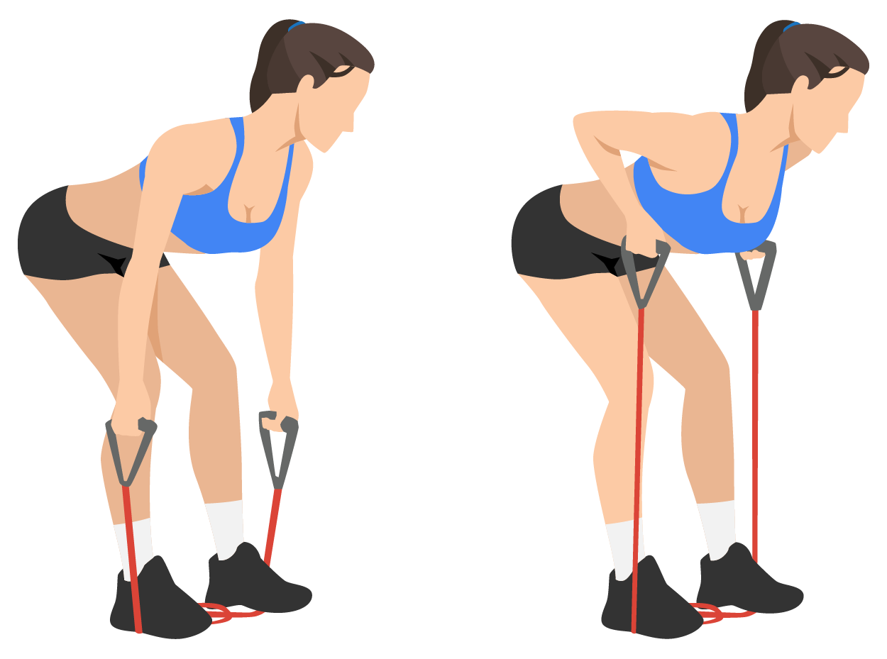 Performing a bent-over row with a resistance band.