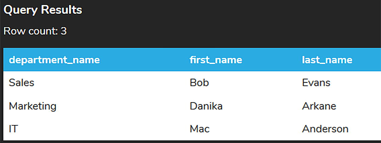 A screenshot of a query results table containing three rows and three columns named department_name, first_name, and last_name.