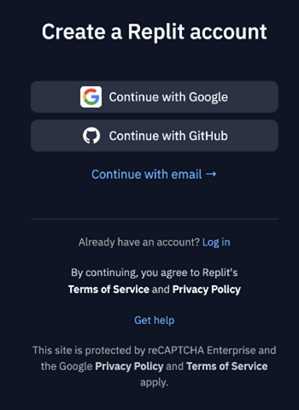 Screenshot of the Create A Replit account login screen.