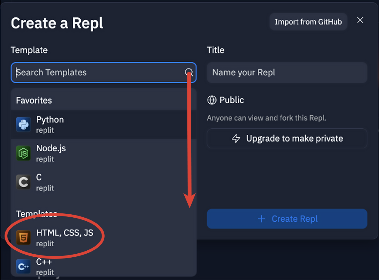 Screenshot of the create a repl window.