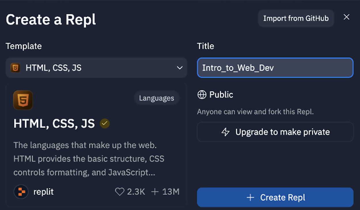 Screenshot of the Replit create a repl window with generic project name in the Title field.