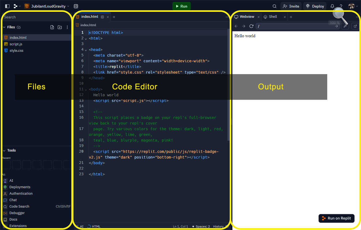 Screenshot of the Replit IDE interface showing 3 main panels.