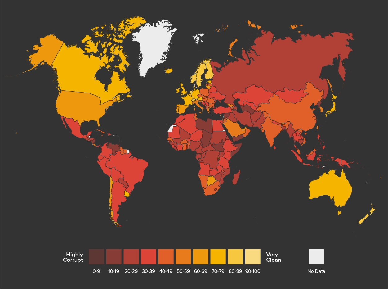 Image of the world that shows the different levels of corruption across the globe. There are high levels of corruption in Central and South America, Africa, Europe, and Asia. North America, Australia, and western Europe have lower levels of corruption.