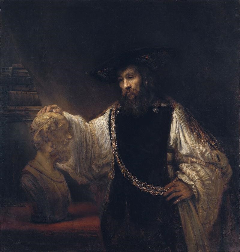 This painting, titled <i>Aristotle with a bust of Homer</i> also known as <i>Aristotle Contemplating a Bust of Homer,</i> was painted in 1653 by Rembrandt. Rembrandt painted it on a canvas with oil paints.