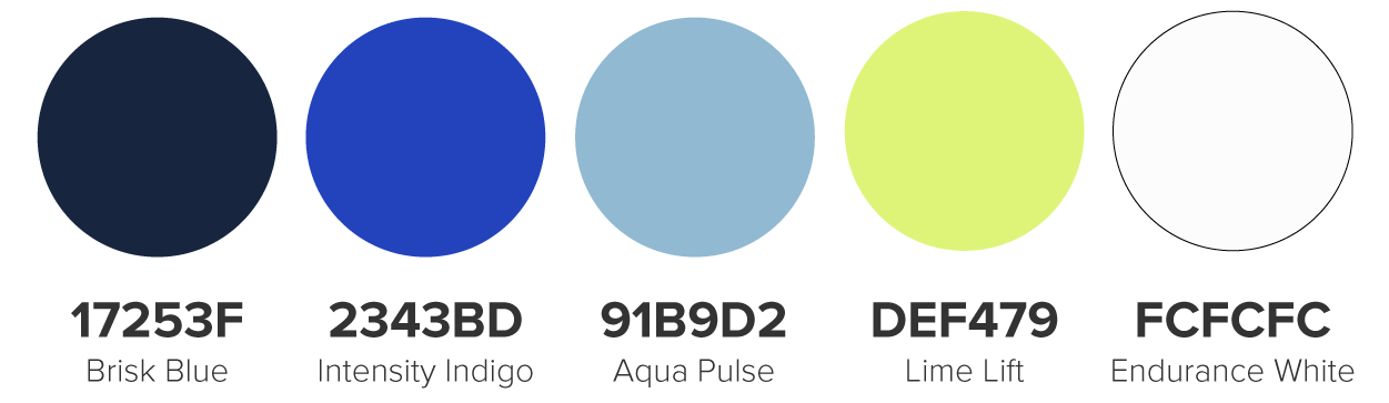 ABC Fitness Studio Color Palette 3: Brisk Blue, 17253F; Intensity Indigo, 2343BD; Aqua Pulse, 91B9D2; Lime Lift, DEF479; and Endurance White, FCFCFC