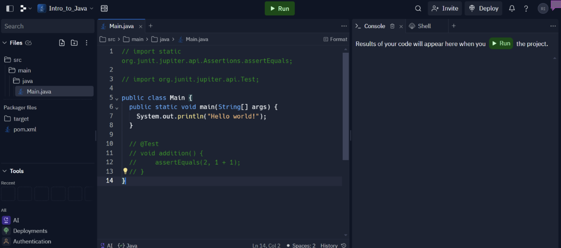 Screenshot of the Replit IDE application.  The three panels are visible.