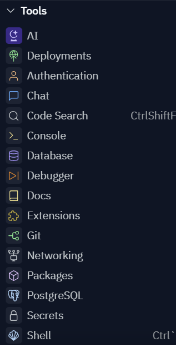 Screenshot of the left sidebar of the Replit IDE with the files menu bar visible.
