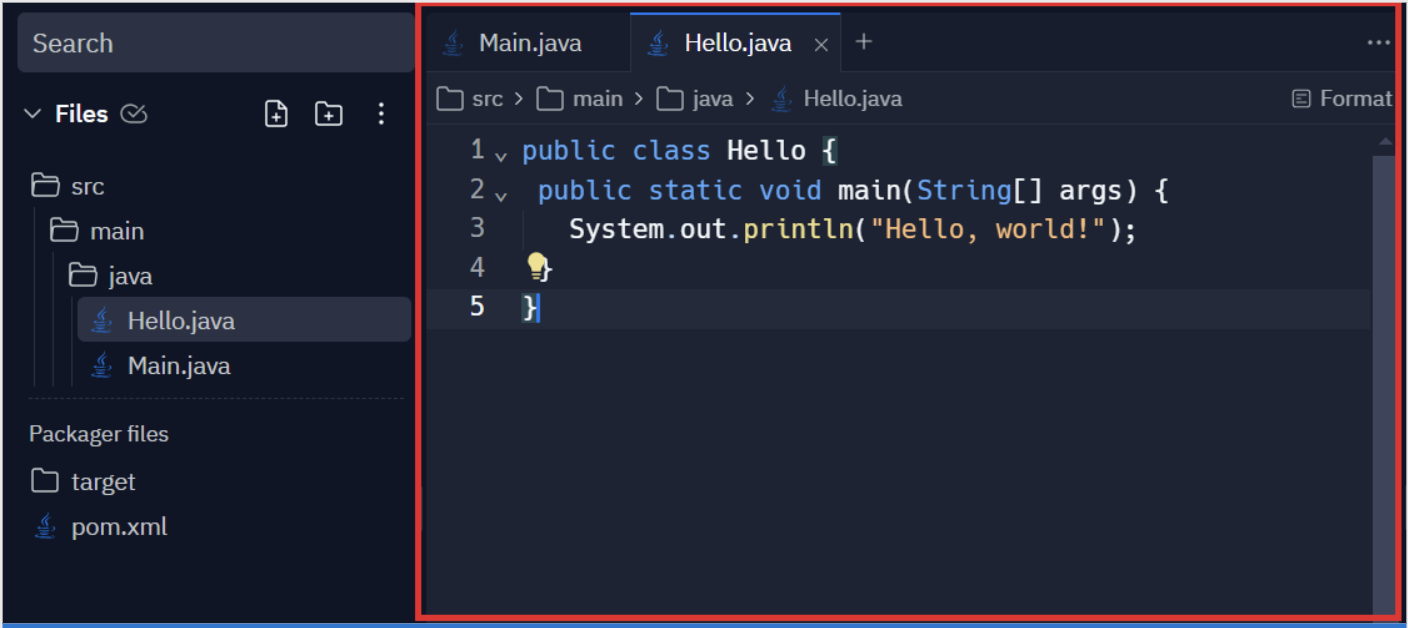 Screenshot of the Replit IDE code editor screen with the text Hello World displayed.