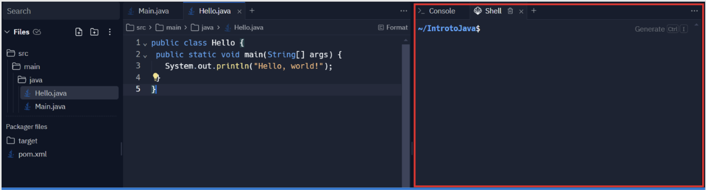 Screenshot of the Replit IDE code editor screen with the shell visible