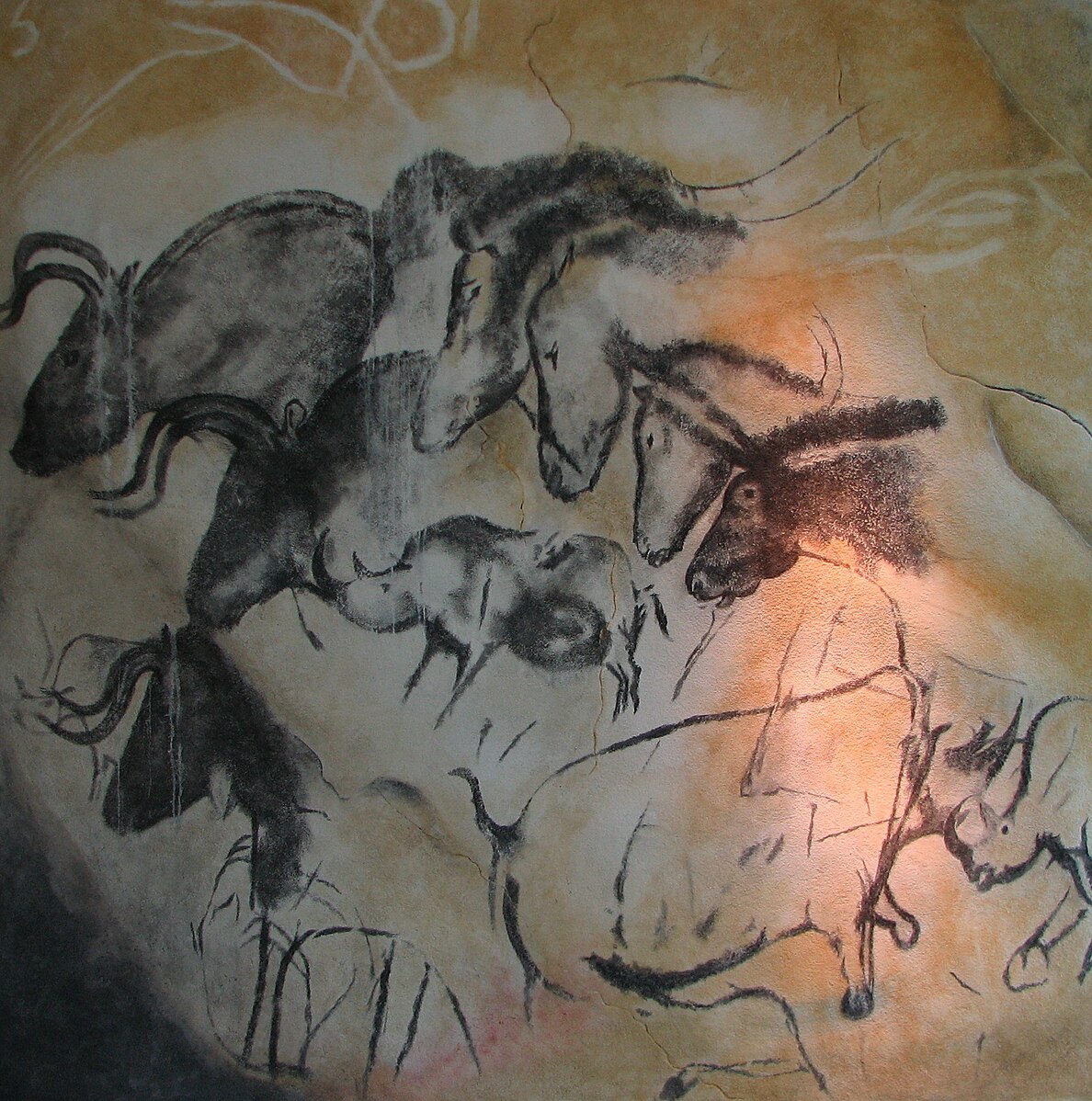 drawing of rhino surrounded by horses