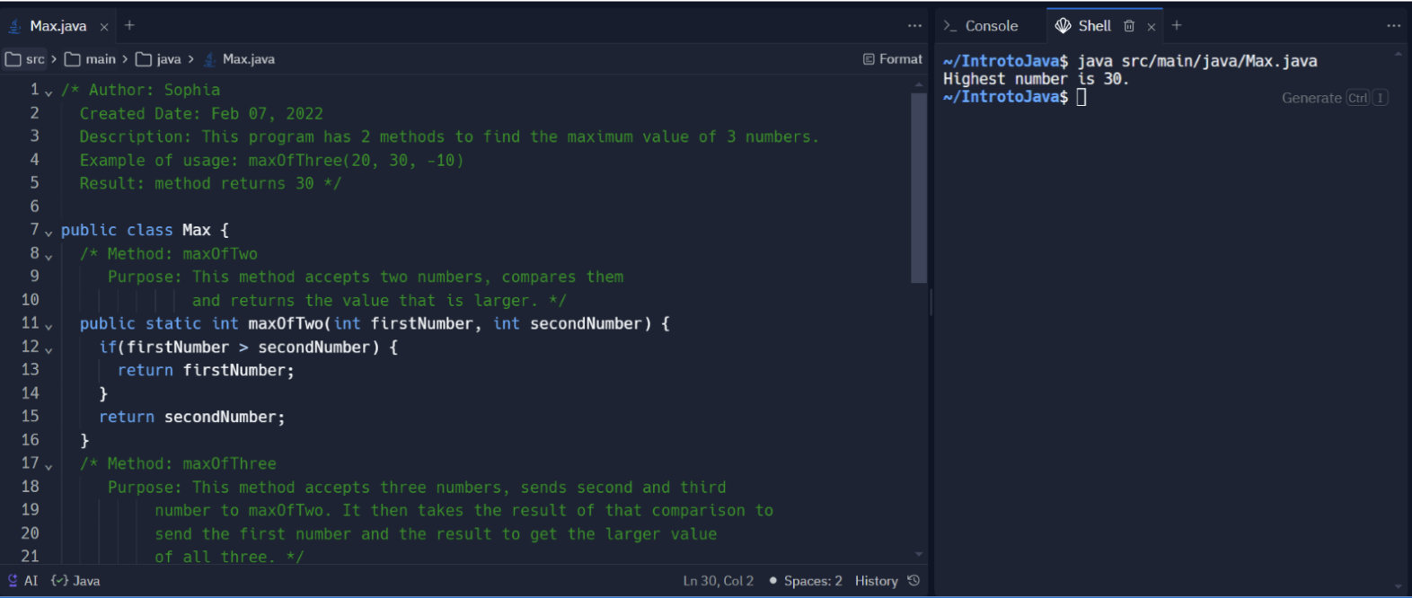 Screenshot of the Replit IDE code editor and output sandbox screen with test code with two methods that is commented.