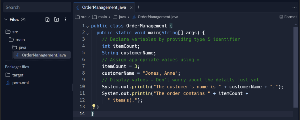 Screenshot of the Replit OrderManagemetn.java output