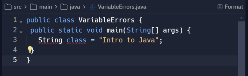 Screenshot of VariableErrors.java Problem Identified